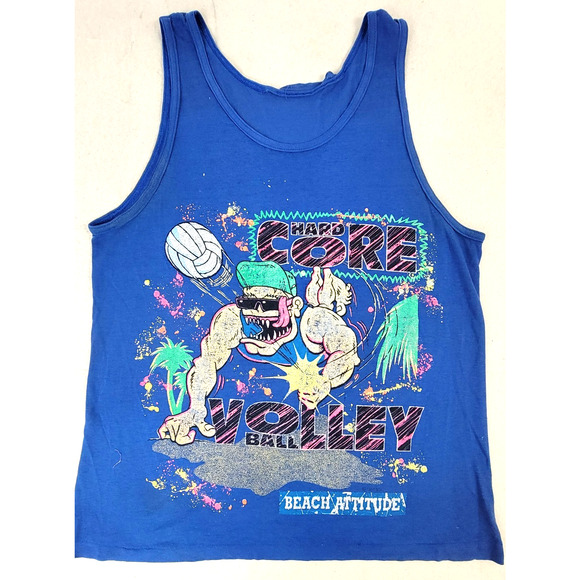 Vintage 90s Beach Attitude Hard Core Volleyball Tank Top Single Stitch - Picture 1 of 16